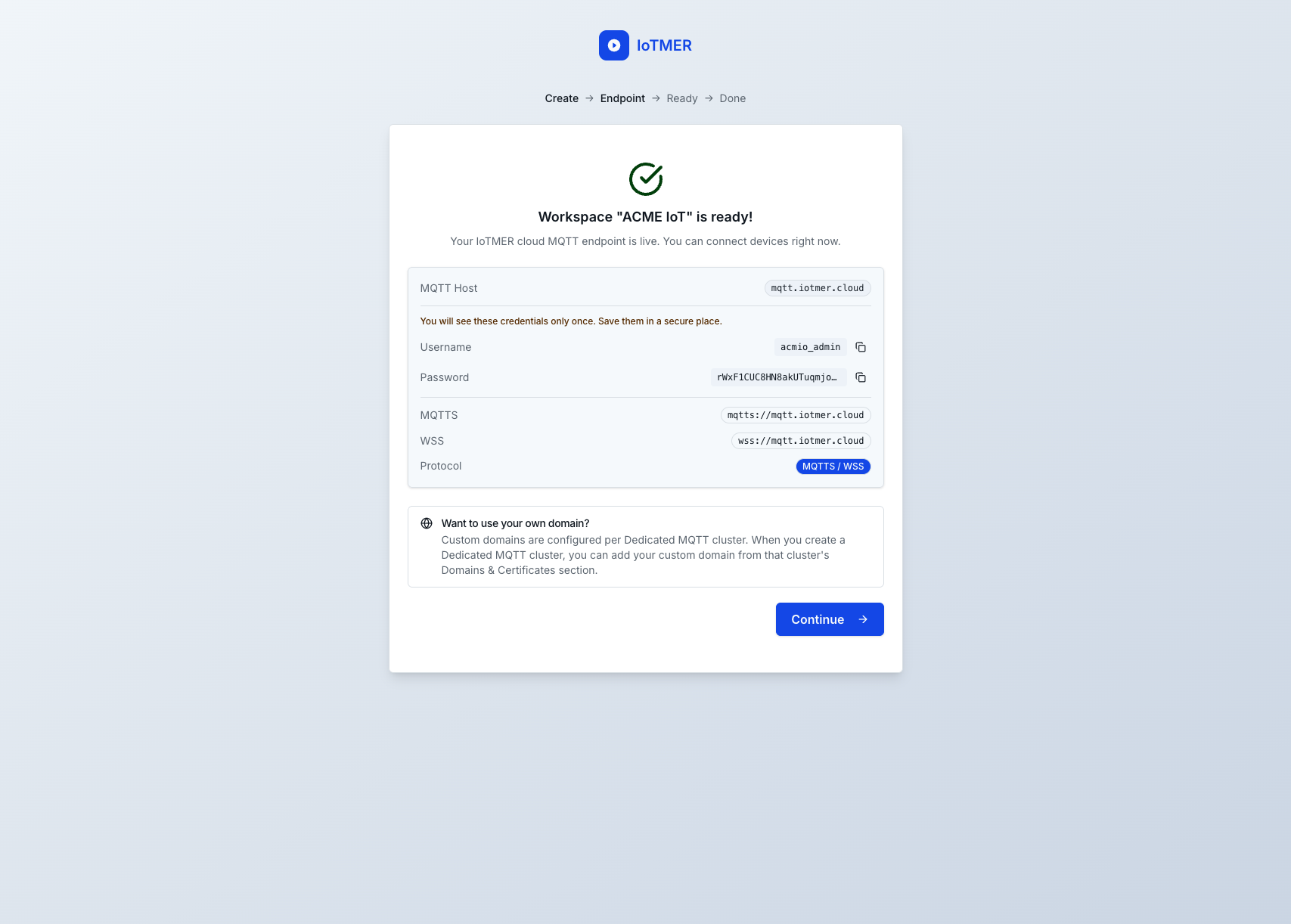 Onboarding — workspace ready and MQTT details