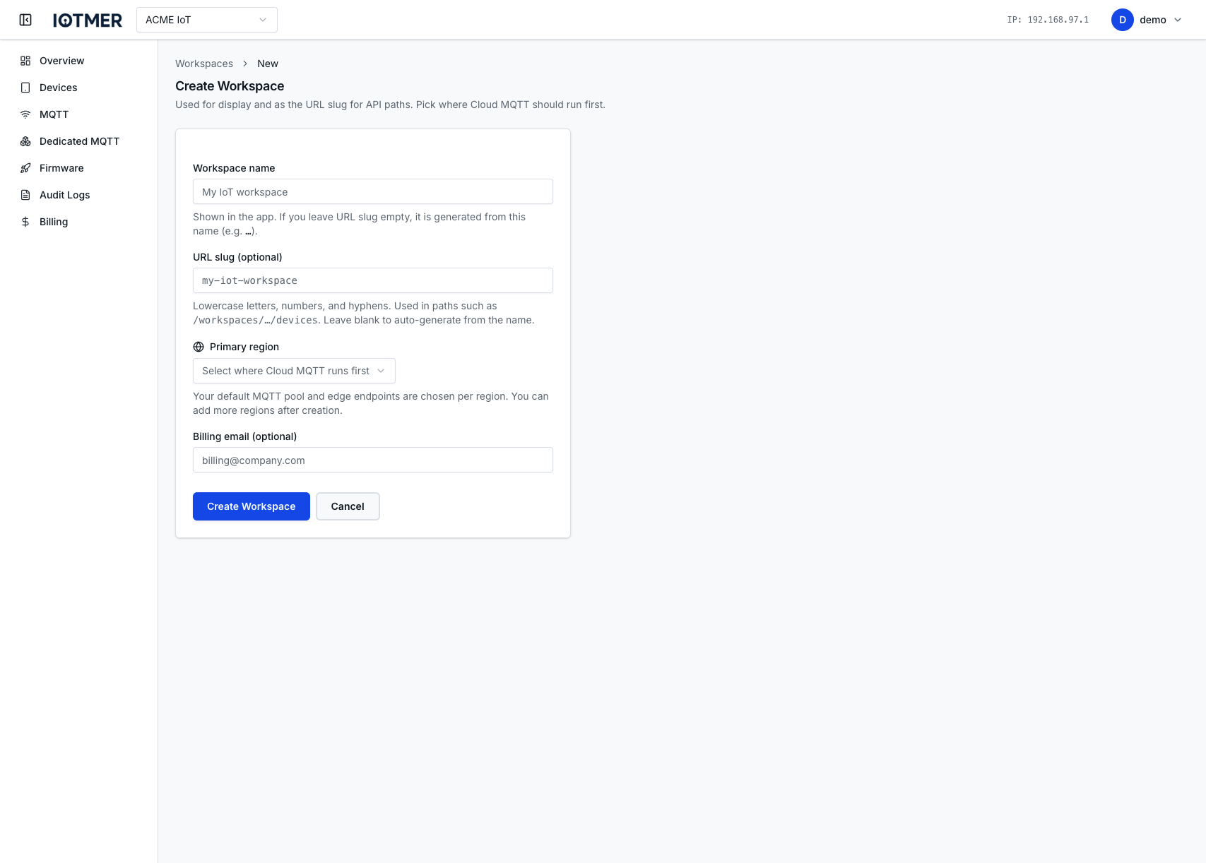 Create workspace screen
